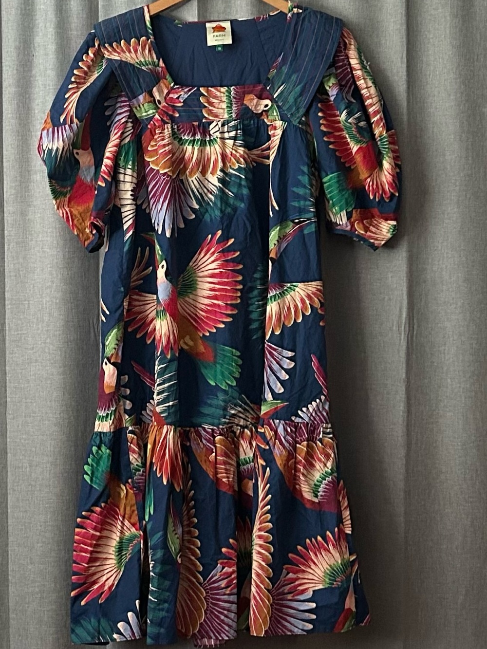 FARM Rio Navy Midi Dress with Multicolor Parrot Print
